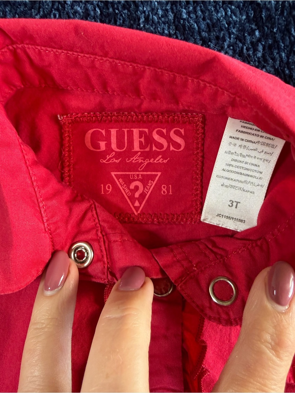 GUESS Girls Red Ruffle Button Down Shirt Rhinestone Logo Size 3T - Picture 3 of 8